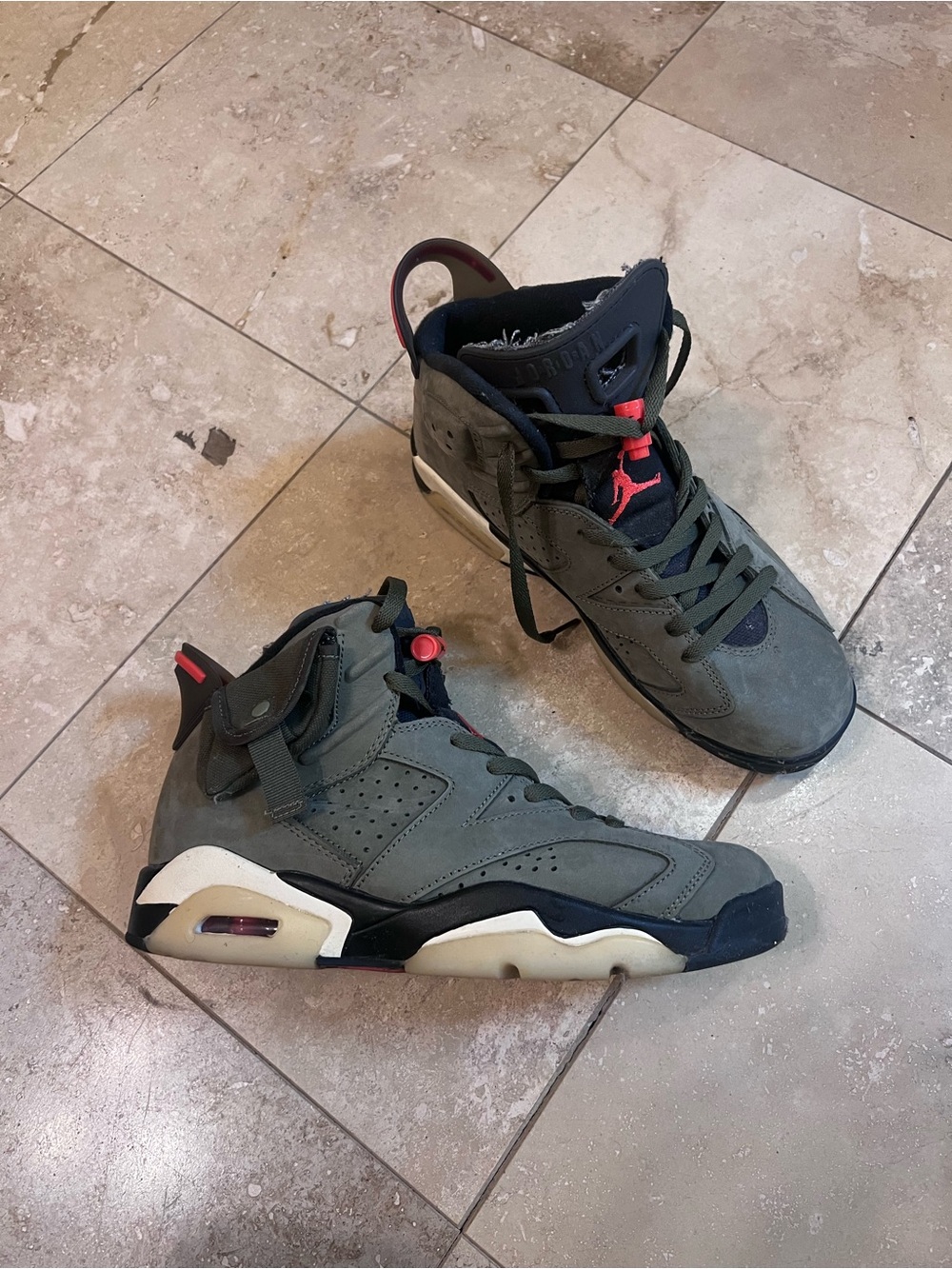 Jordan Olive Green and Black High-Top Sneakers with Red Accents